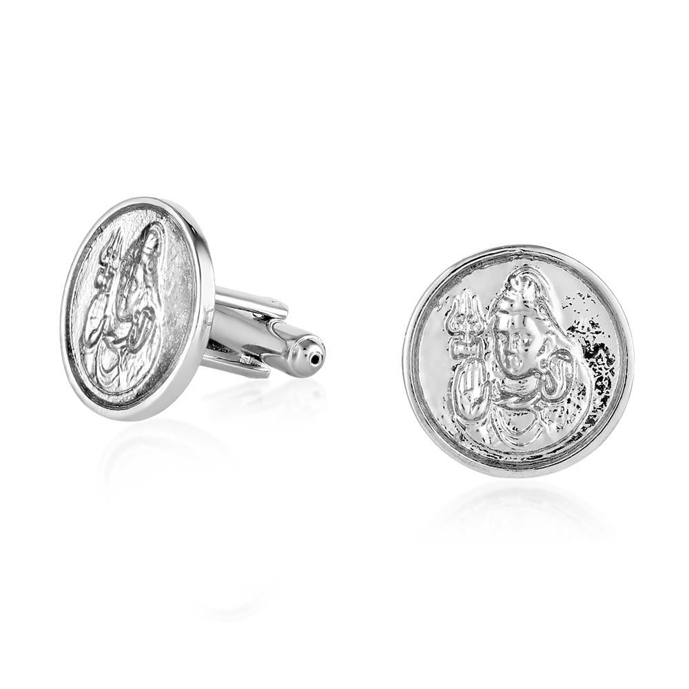 Mahi White Rhodium plated Round Disc Shiva Cufflinks