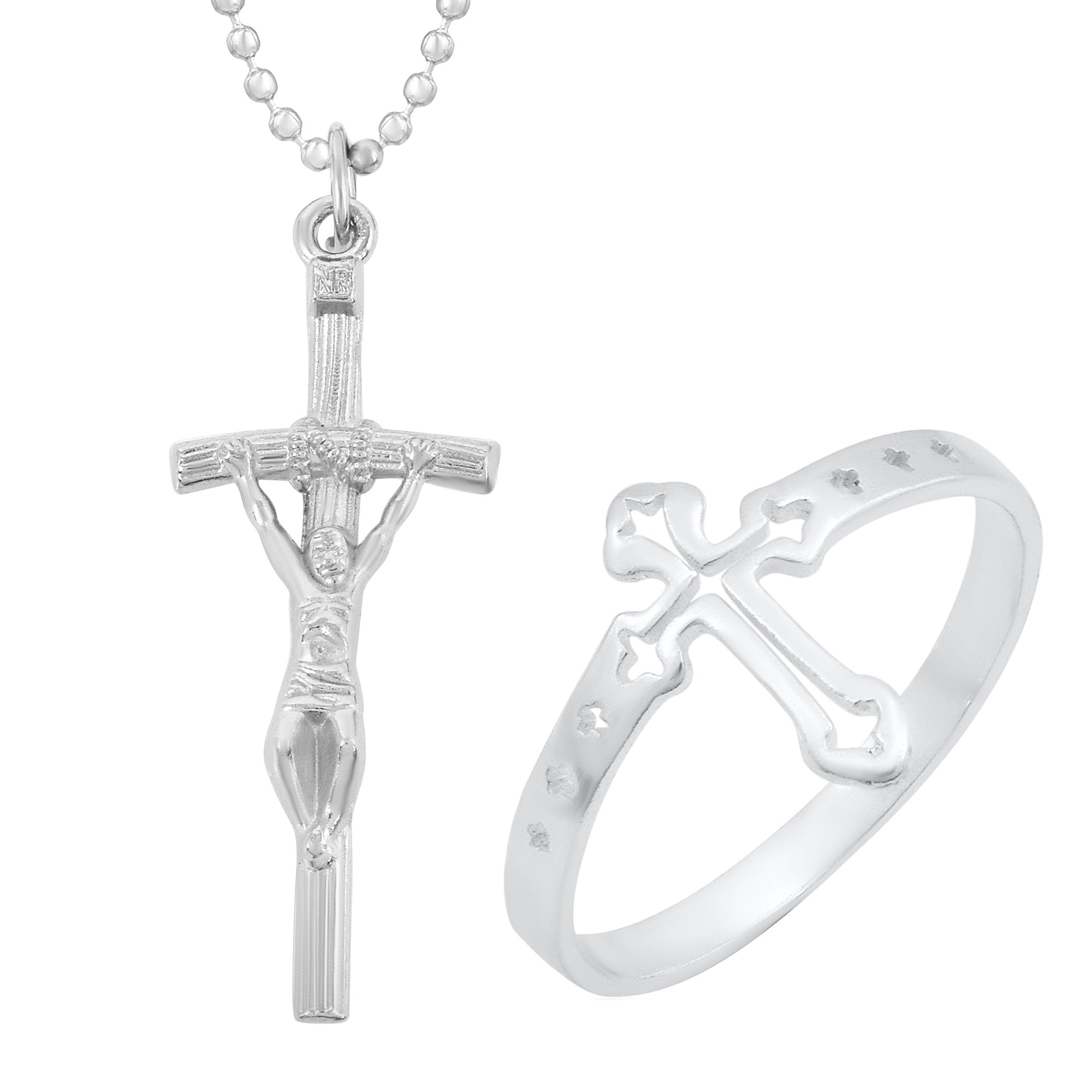 Missmister Brass Silver Plated Combo Of Cross Pendant And Matching Finger Ring Christian Cross Jewellery Men Women