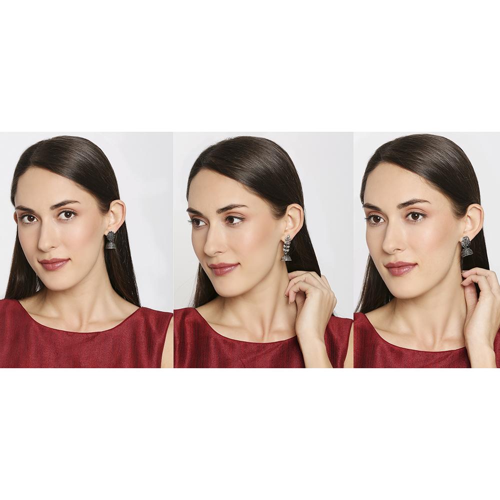 Mahi Combo of Traditional Ethnic Oxidized Silver Alloy Jhumka Earrings for Women (CO1105173R)