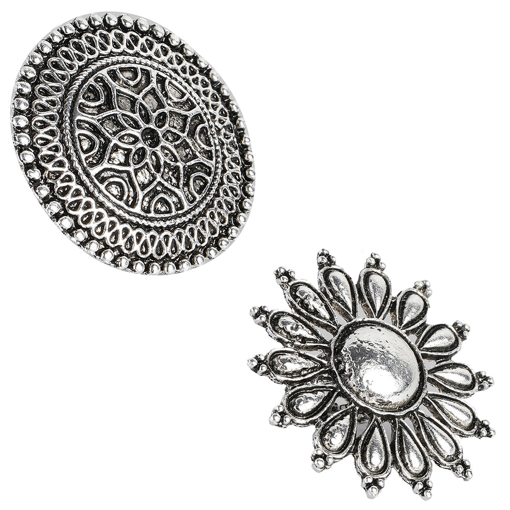 Kord Store Set of 2 Silver Oxidised Ring Combo For Girls and Women
