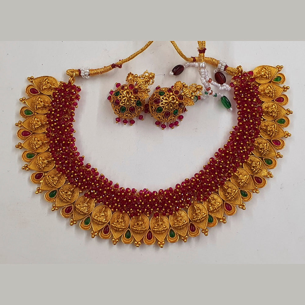 Midas Touch Brass Metal Pota Stone And Pearl Laxmi Temple Necklace Set