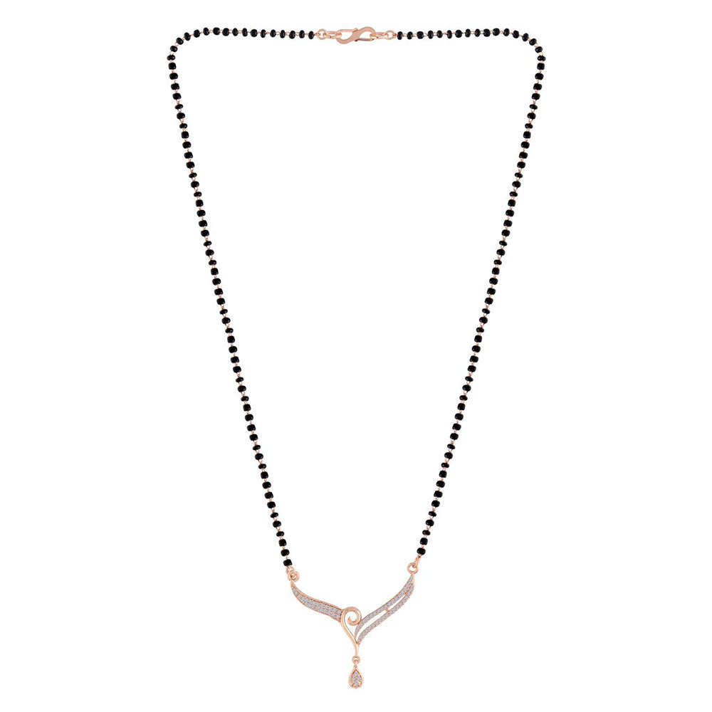 Etnico 18k Rose Gold Plated Traditional Single Line American Diamond Pendant with Black Bead Chain Mangalsutra for Women (D071)