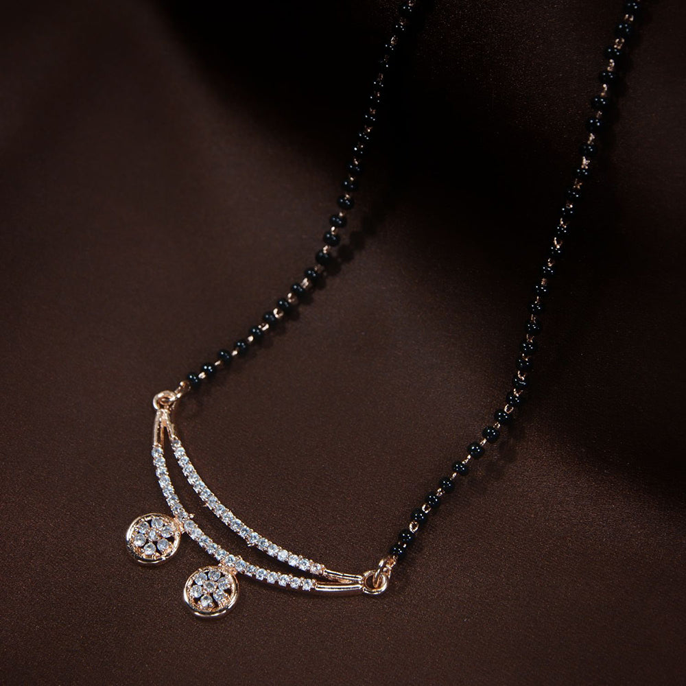 Etnico 18k Rose Gold Plated Traditional Single Line American Diamond Pendant with Black Bead Chain Mangalsutra for Women (D072)