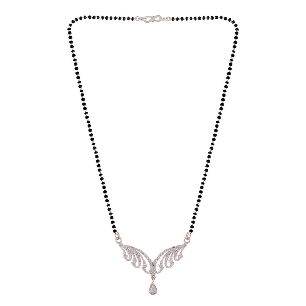 Etnico 18k Rhodium Plated Traditional Single Line American Diamond Pendant with Black Bead Chain Mangalsutra for Women (D077)