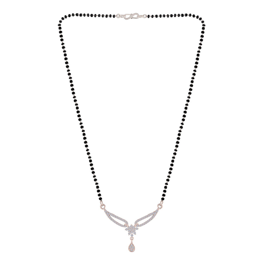 Etnico 18k Rhodium Plated Traditional Single Line American Diamond Pendant with Black Bead Chain Mangalsutra for Women (D079)