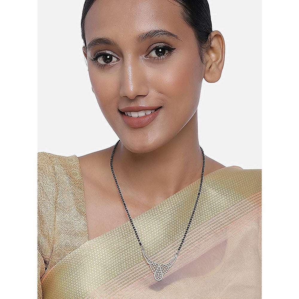 Etnico 18k Rhodium Plated Traditional Single Line American Diamond Pendant with Black Bead Chain Mangalsutra for Women (D080)