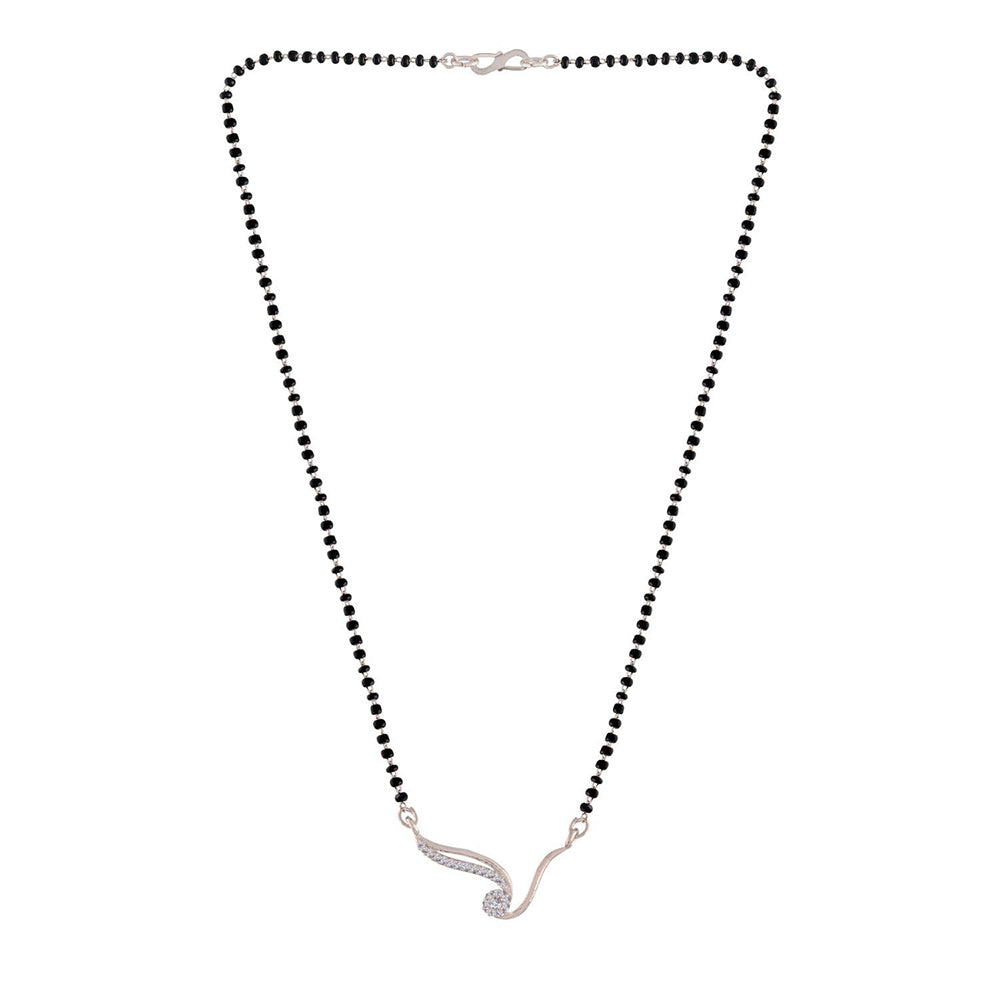 Etnico 18k Rhodium Plated Traditional Single Line American Diamond Pendant with Black Bead Chain Mangalsutra for Women (D080)