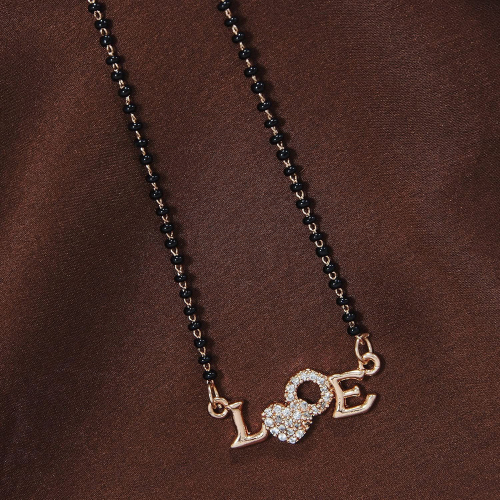 Etnico 18k Rose Gold Plated Traditional Single Line American Diamond Lovers Design Pendant with Black Beads Chain Mangalsutra for Women (D090)