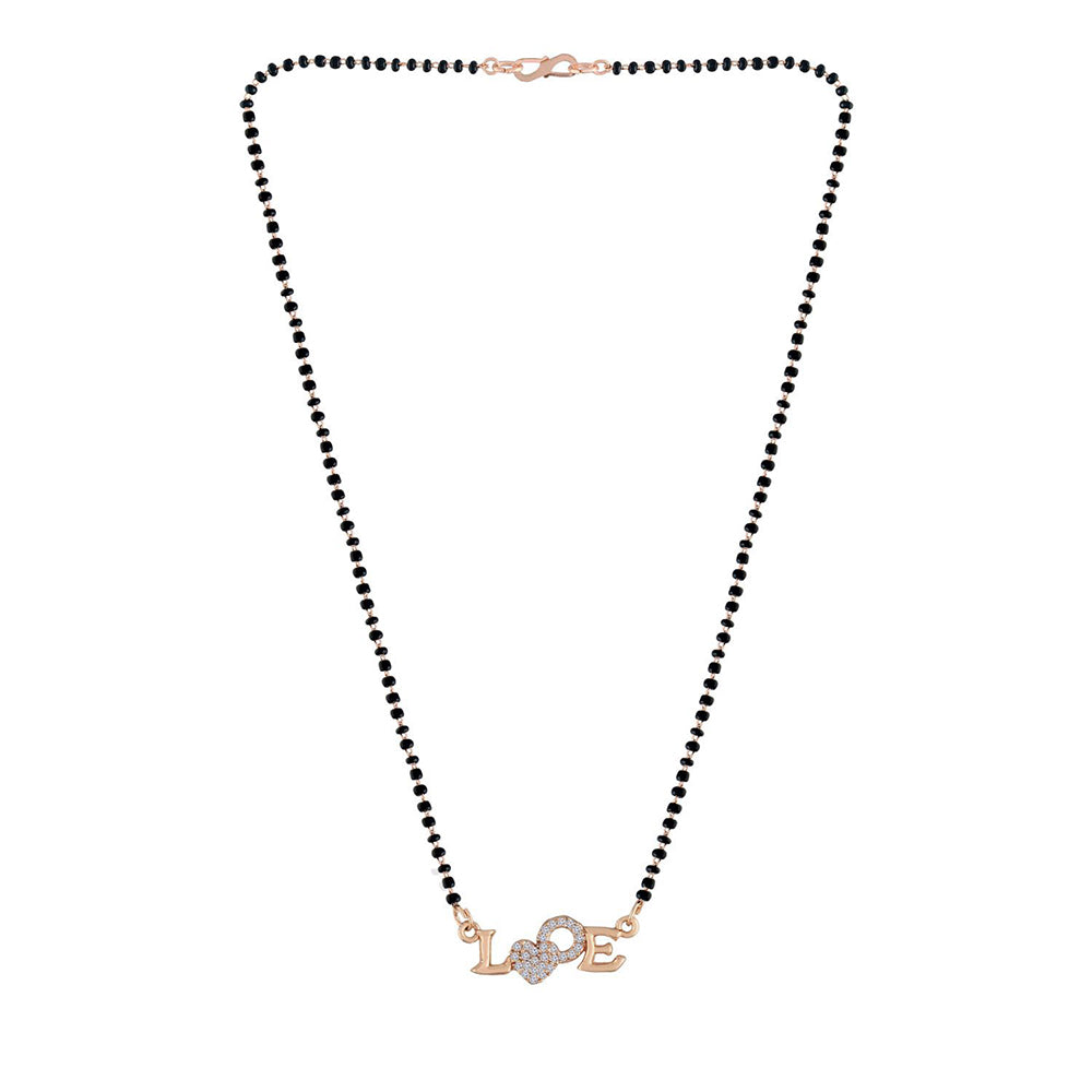 Etnico 18k Rose Gold Plated Traditional Single Line American Diamond Lovers Design Pendant with Black Beads Chain Mangalsutra for Women (D090)
