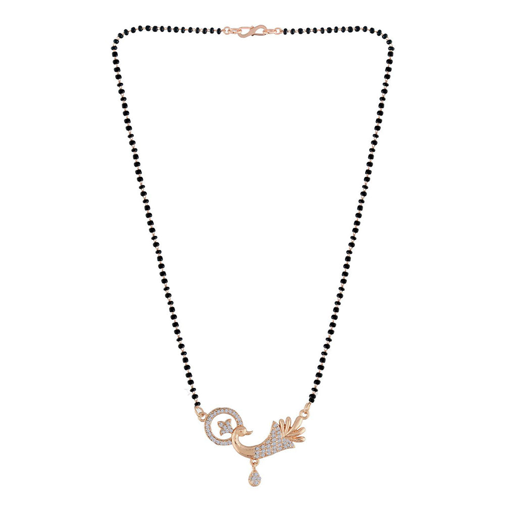 Etnico 18k Rose Gold Plated Traditional Single Line American Diamond Peacock Design Pendant with Black Beads Chain Mangalsutra for Women (D091)