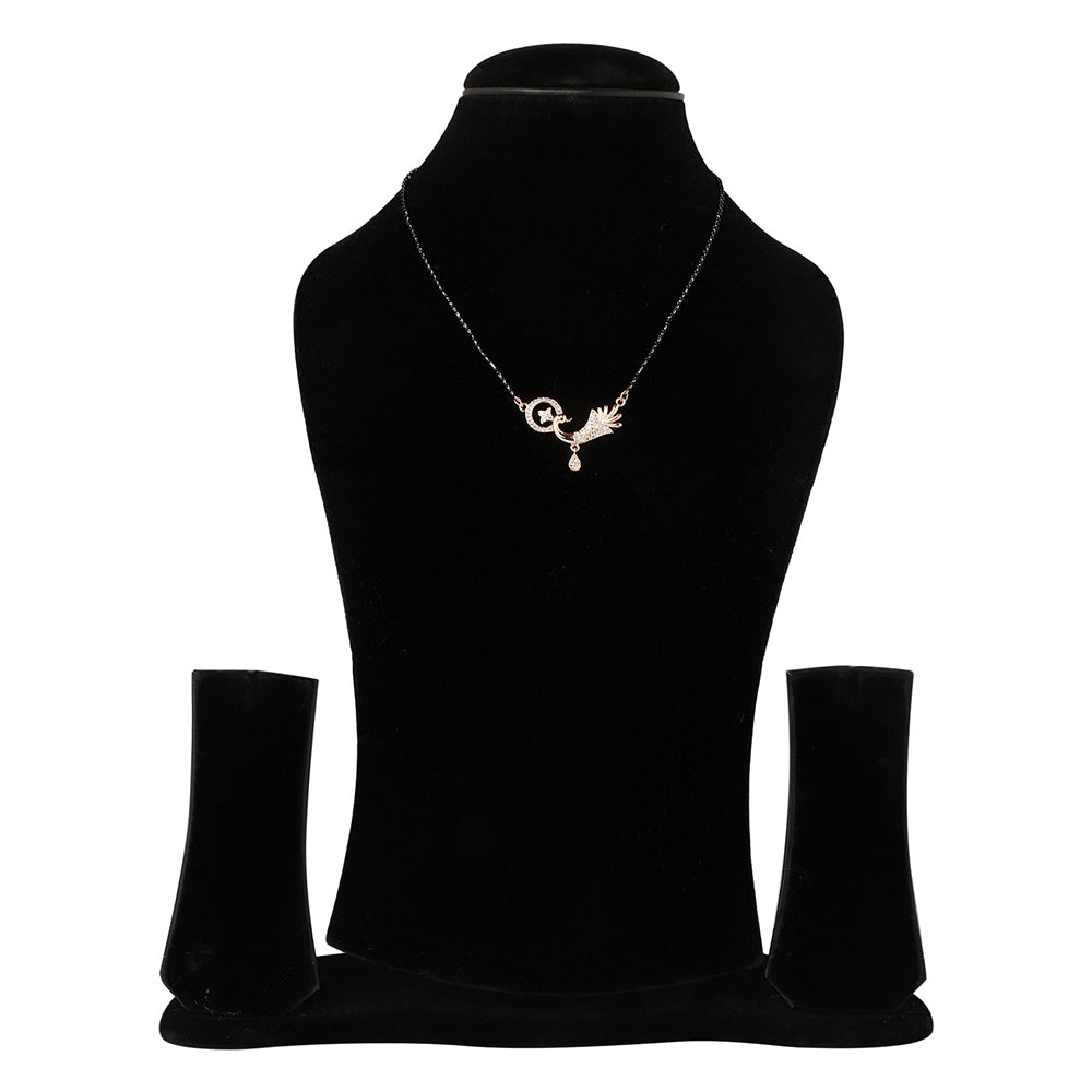 Etnico 18k Rose Gold Plated Traditional Single Line American Diamond Peacock Design Pendant with Black Beads Chain Mangalsutra for Women (D091)