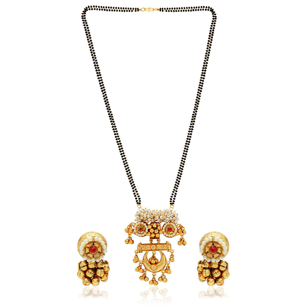 Etnico 18k Gold Plated Traditional Pearl Beads Studded Pendant with Black Bead Chain Mangalsutra With Earrings for Women (D093M)