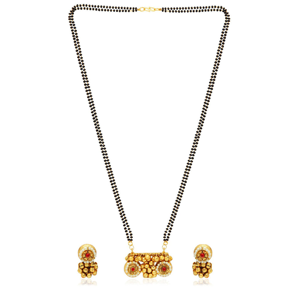 Etnico 18k Gold Plated Traditional Pearl Beads Studded Pendant with Black Bead Chain Mangalsutra With Earrings for Women (D094M)