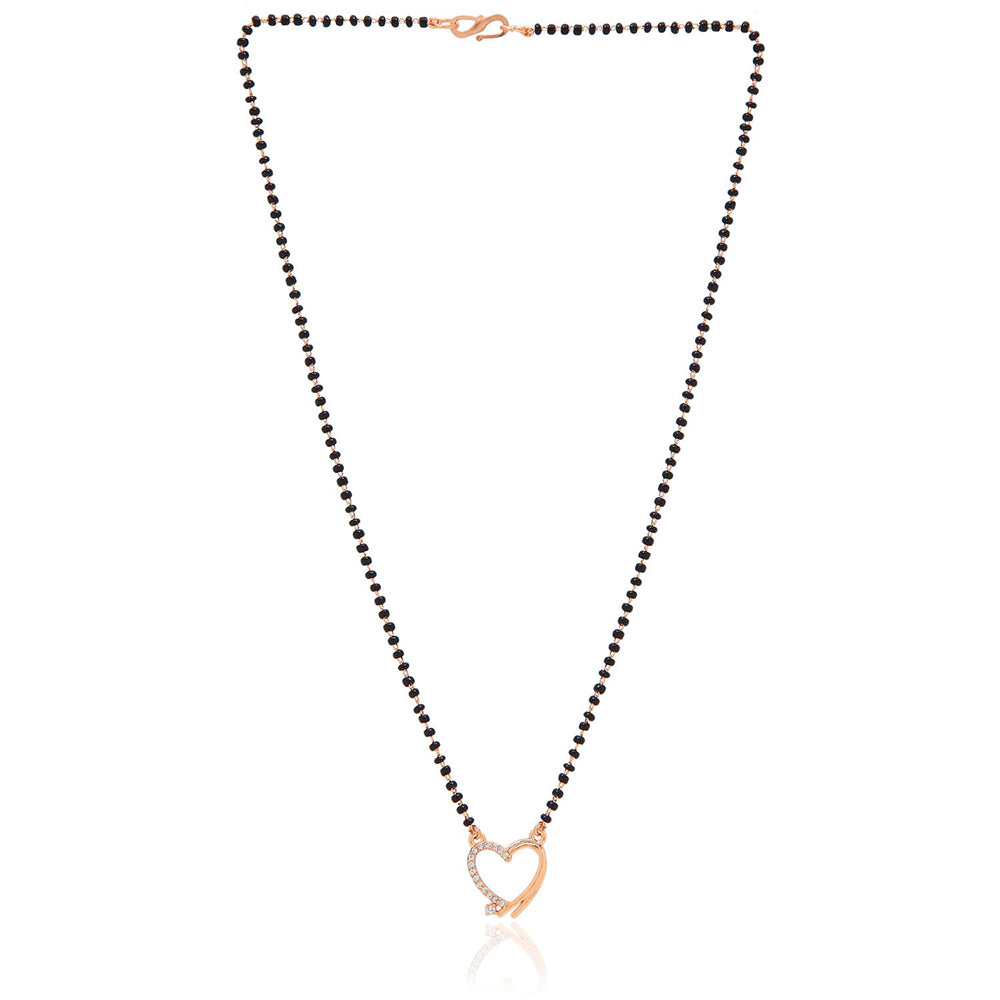 Etnico 18k Rose Gold Plated Traditional Single Line American Diamond Heart Shaped Pendant with Black Beads Chain Mangalsutra for Women (D095)