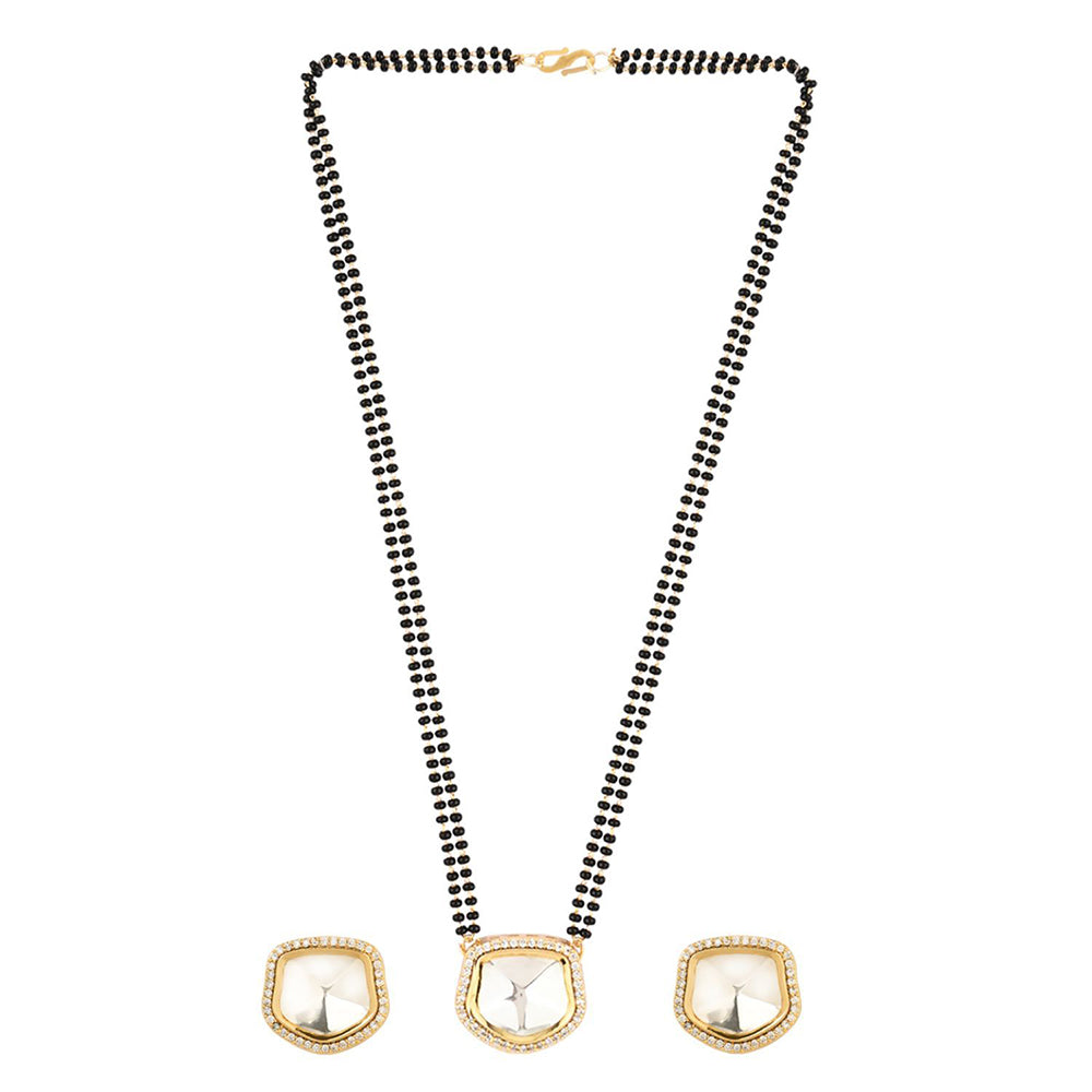Etnico 18k Gold Plated Traditional American Diamond Pendant with Black Bead Chain Mangalsutra for Women (D096)