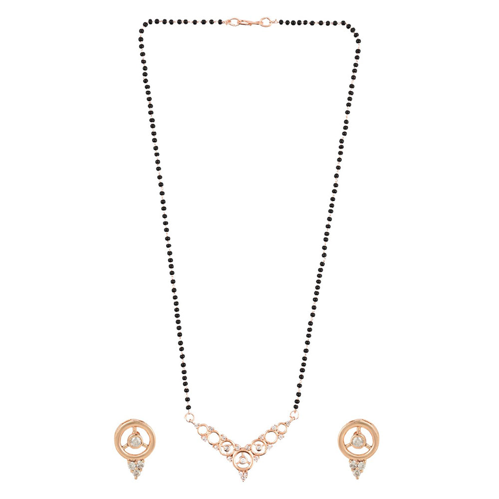Etnico 18k Rose Gold Plated Traditional Single Line American Diamond Pendant with Black Bead Chain Mangalsutra for Women (D098)
