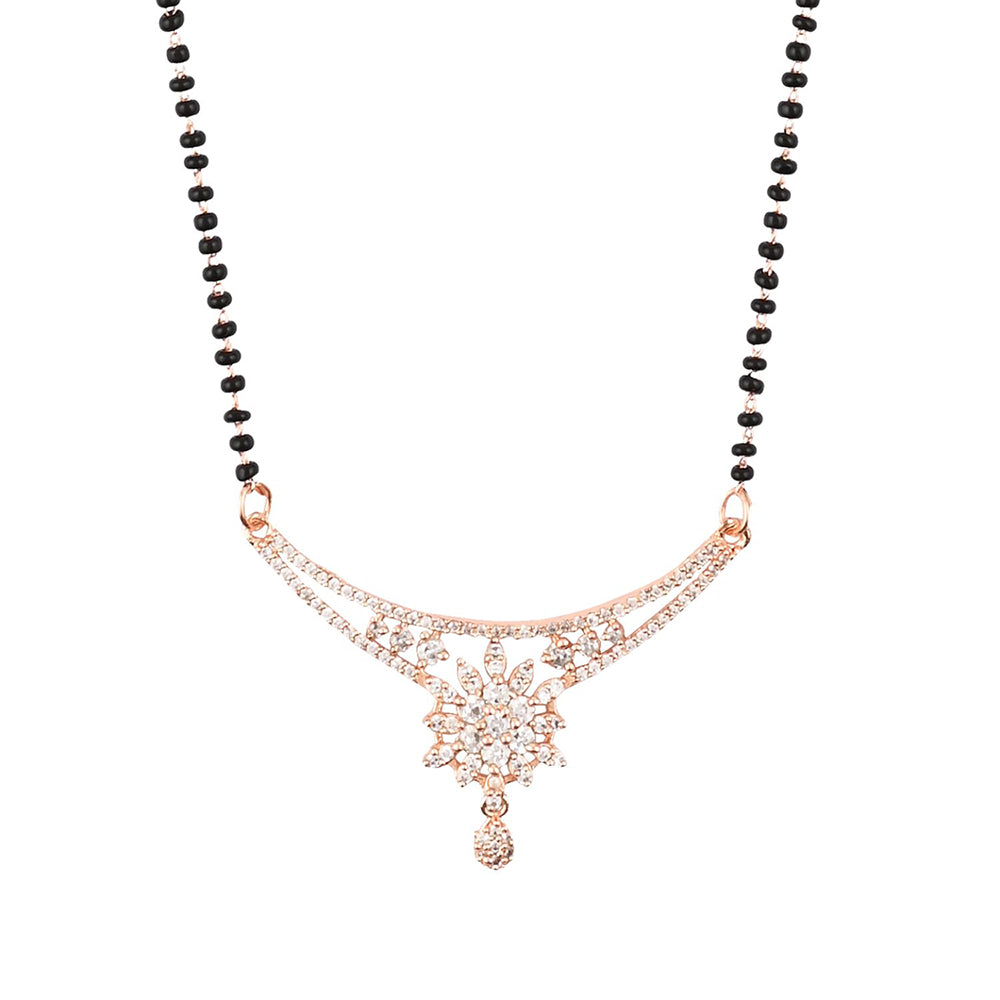 Etnico 18k Rose Gold Plated Traditional Single Line American Diamond Pendant with Black Bead Chain Mangalsutra for Women (D099)