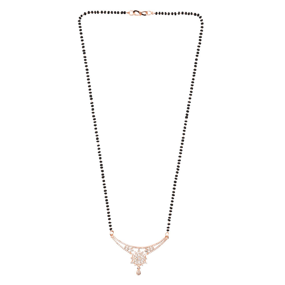 Etnico 18k Rose Gold Plated Traditional Single Line American Diamond Pendant with Black Bead Chain Mangalsutra for Women (D099)