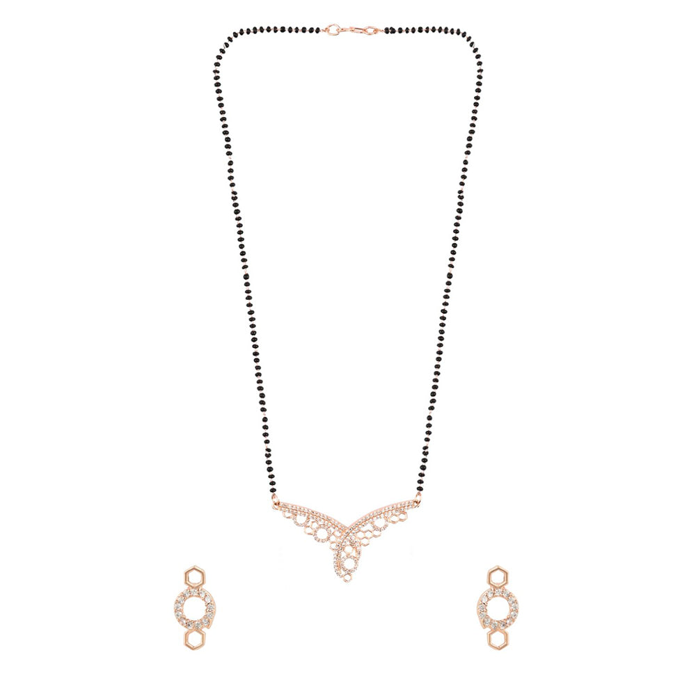 Etnico 18k Rose Gold Plated Traditional Single Line American Diamond Pendant with Black Bead Chain Mangalsutra for Women (D103)