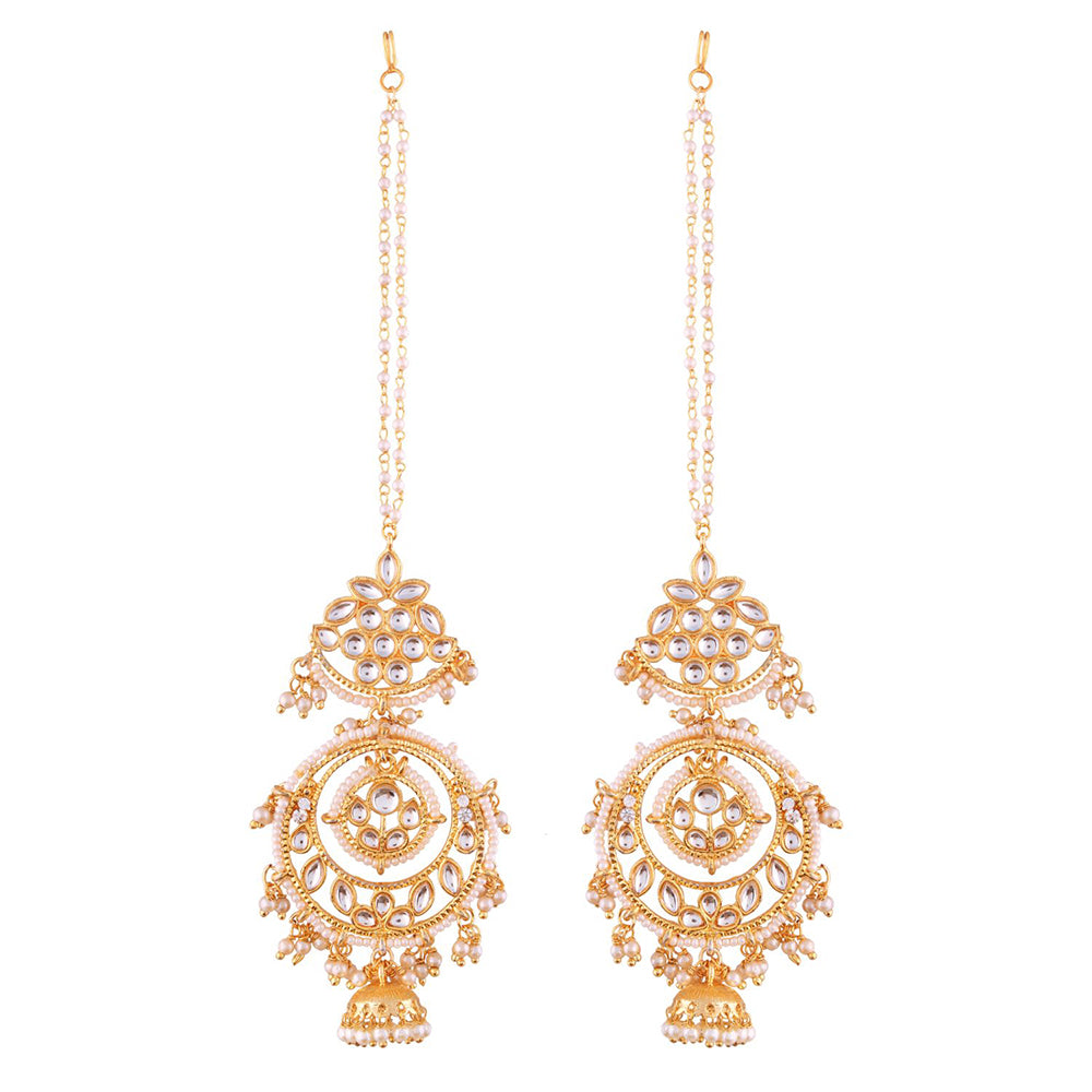 Etnico 18K Gold Plated Intricately Designed Traditional Earrings with Hair Chain Encased With Kundans & Pearls (E2466W)
