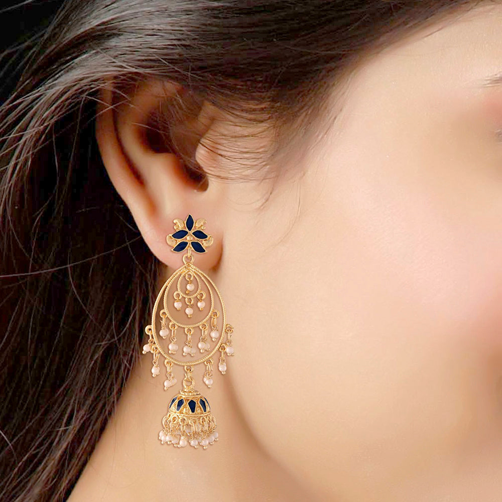Etnico 18k Gold Plated Traditional Handcrafted Blue Meenakari Pearl Studded Dangler Jhumki Earrings for Women (E2471Bl)