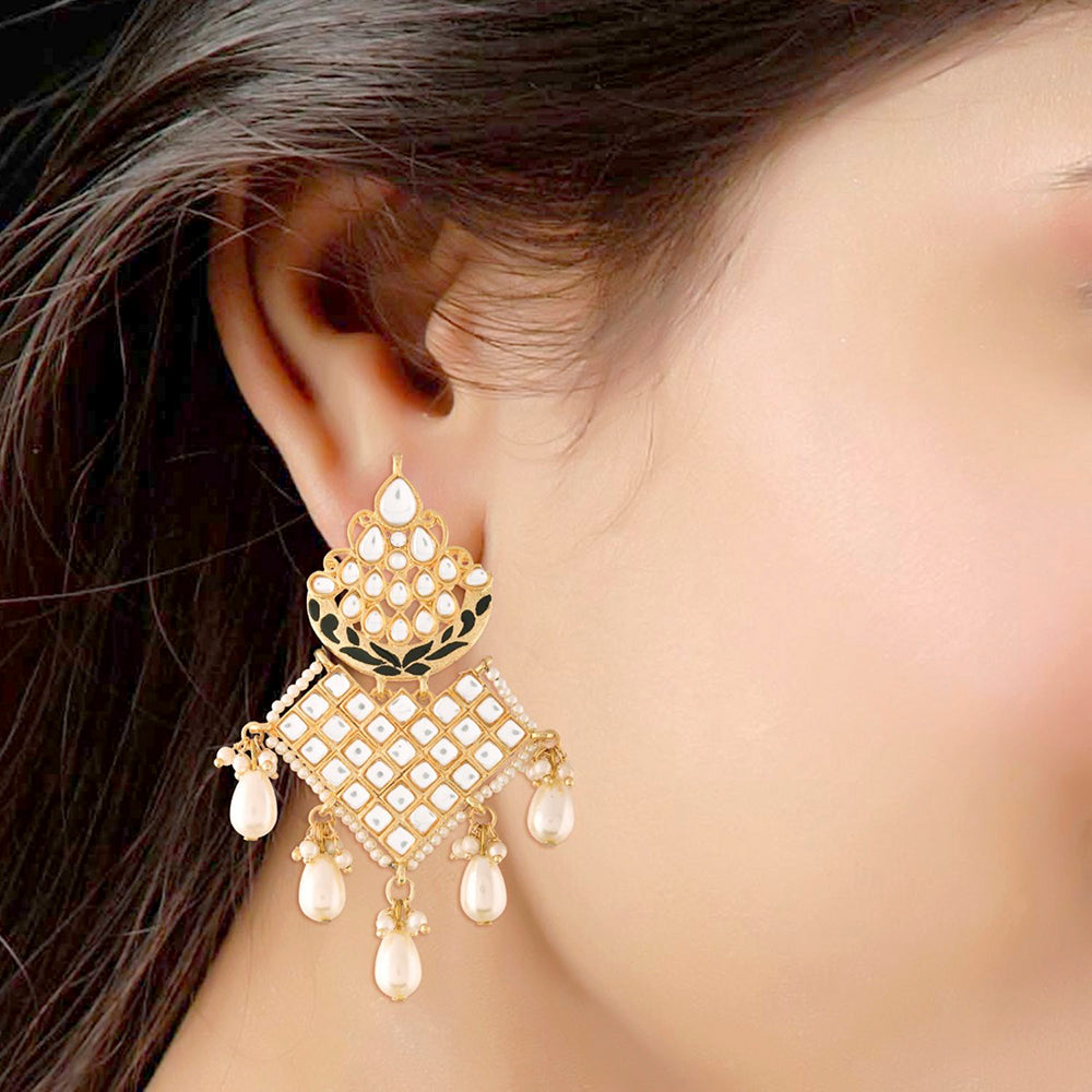 Etnico 18K Gold Plated Traditional Handcrafted Earrings Encased with Faux Kundan & Pearl for Women/Girls (E2785B)