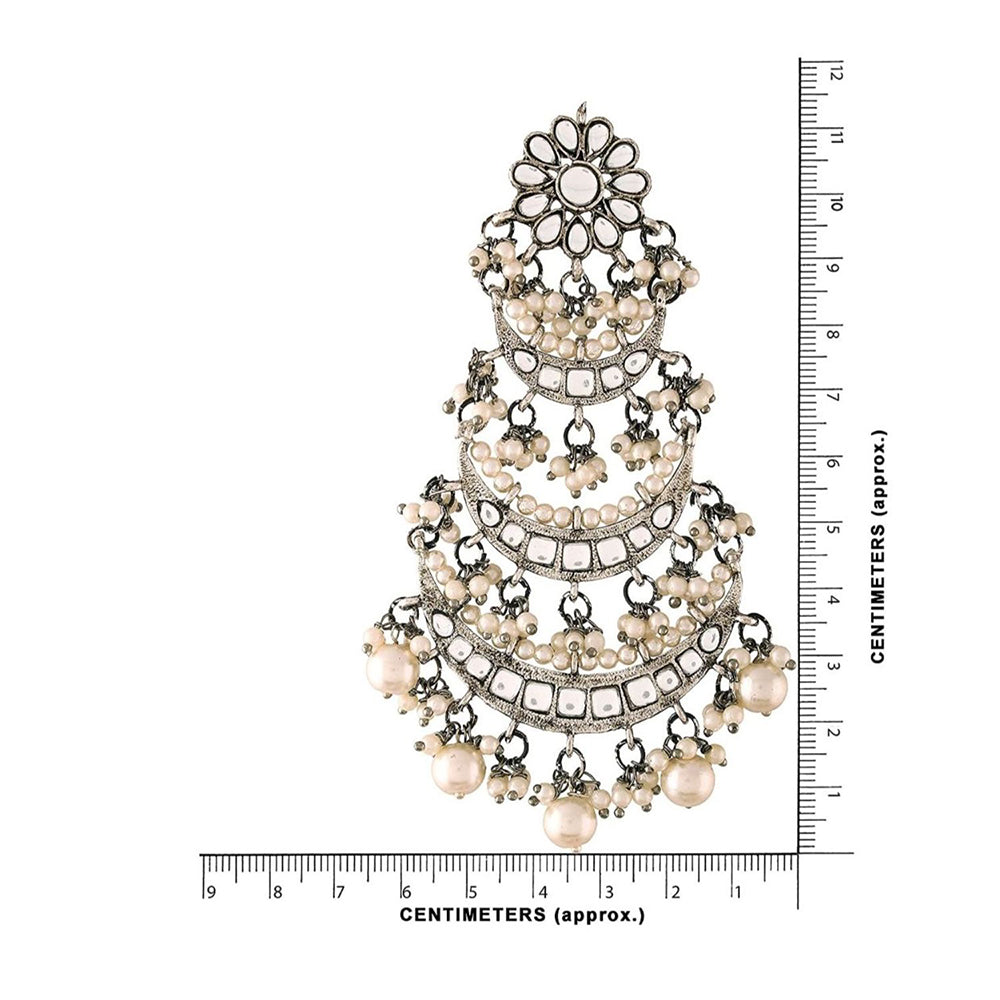Etnico 18k Silver Oxidised 3 Layered Chandbali Earrings with Kundan and Pearl Work for Women (E2859OX)