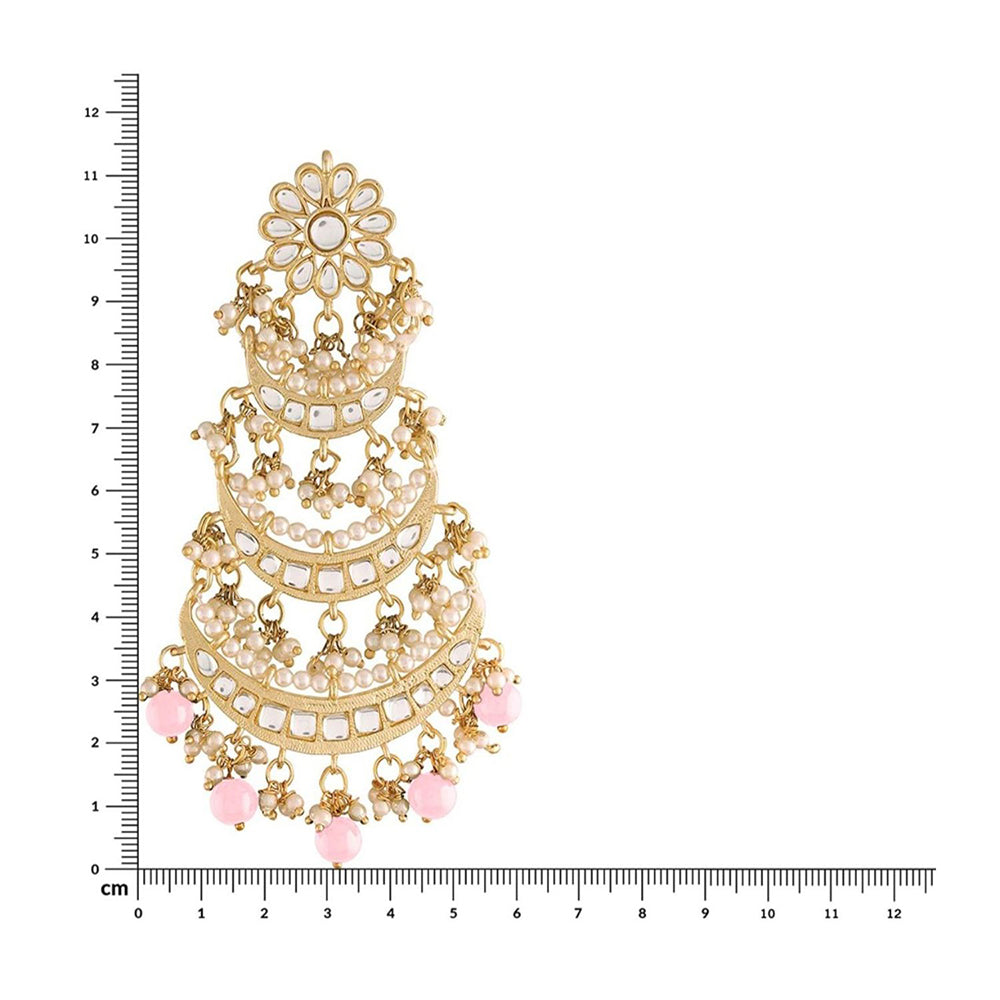 Etnico 18k Gold Plated 3 Layered Beaded Chandbali Earrings with Kundan and Pearl Work for Women (E2859-1) (Pink)