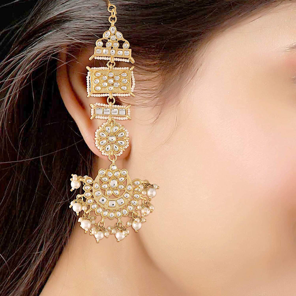 Etnico 18K Gold Plated Zinc Matte Finish Kundan and Pearl Chandbali Earrings for Women