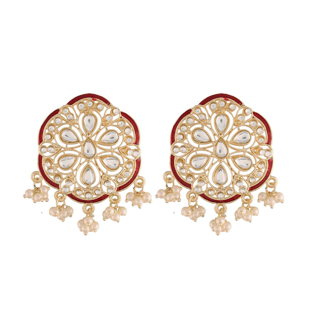 Etnico18k Gold Plated Red Meenakari Kundan Pearl Stud Earrings for Women (E2939R)