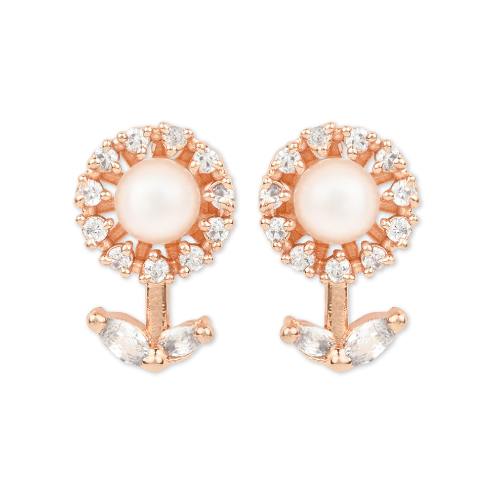 Etnico Valentine's Special Rose Gold Plated & White Floral Studs Earrings for women (E2971)