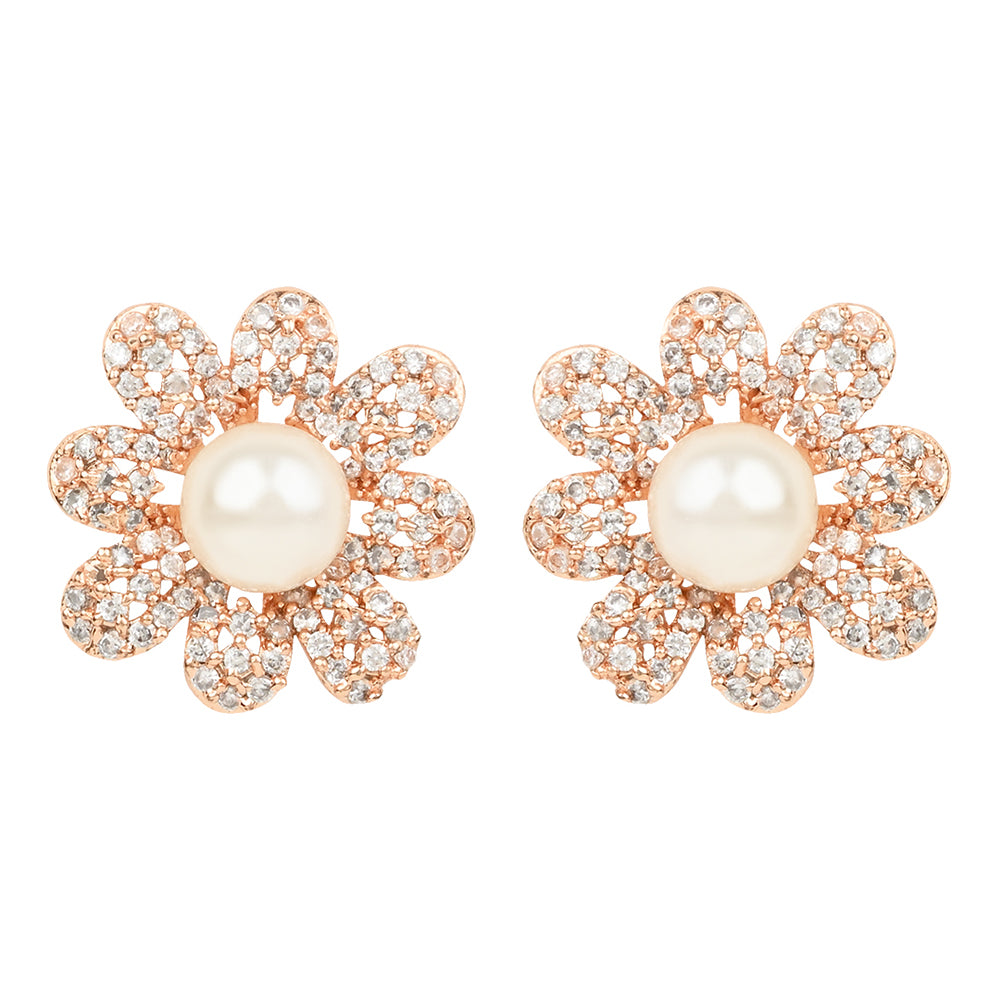 Etnico Valentine's Special Rose Gold-Plated & White Floral Studs Earrings for Women (E2974)