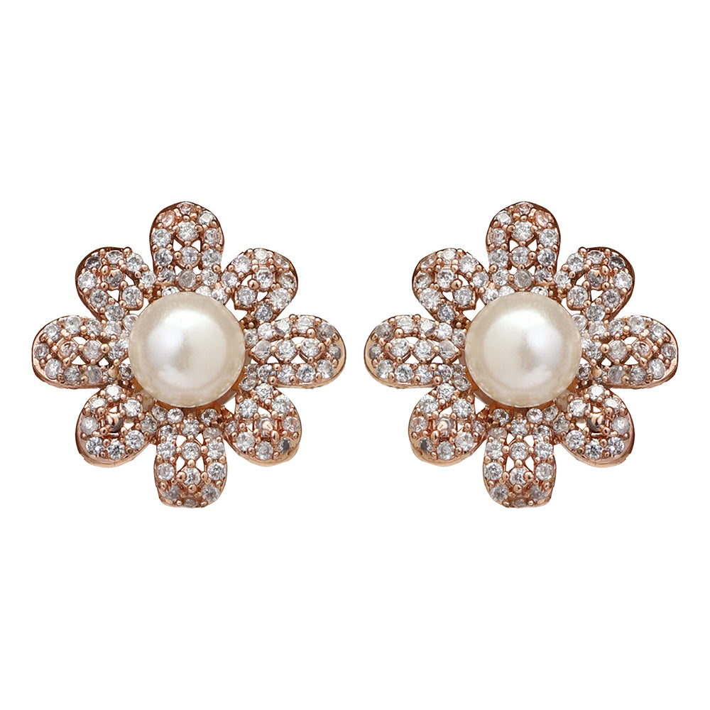 Etnico Valentine's Special Rose Gold-Plated & White Floral Studs Earrings for Women (E2974)