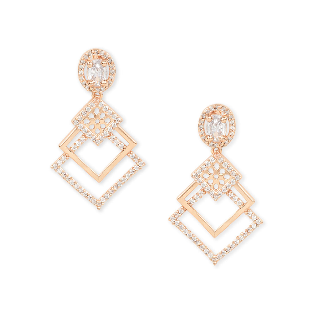 Etnico Valentine's Special Rose Gold Plated & White AD Studded Drop Earrings for Women (E2977)