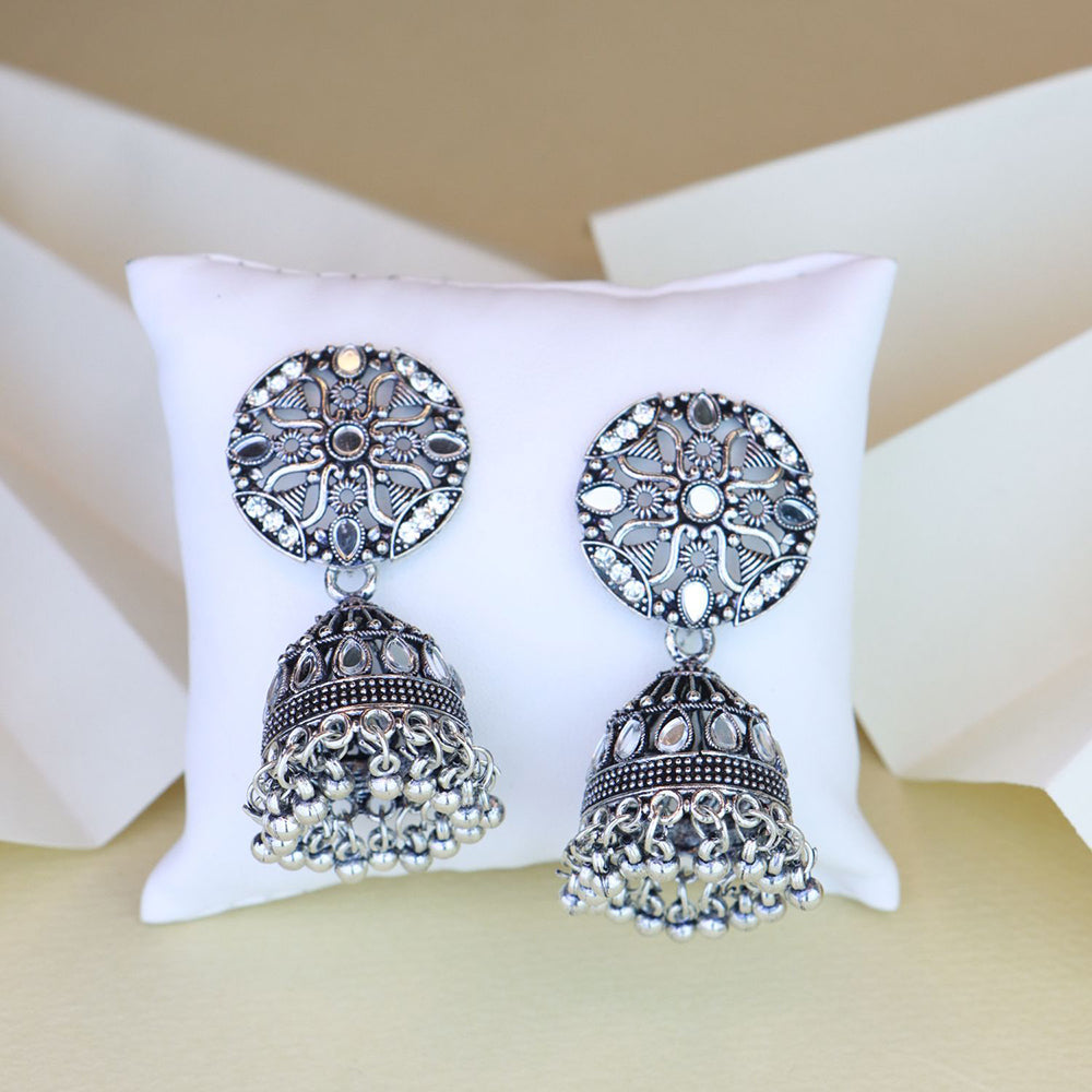 Etnico Silver Oxidised Traditional Kundan & Stone Studded Jhumka Earrings For Women (E3063OX)