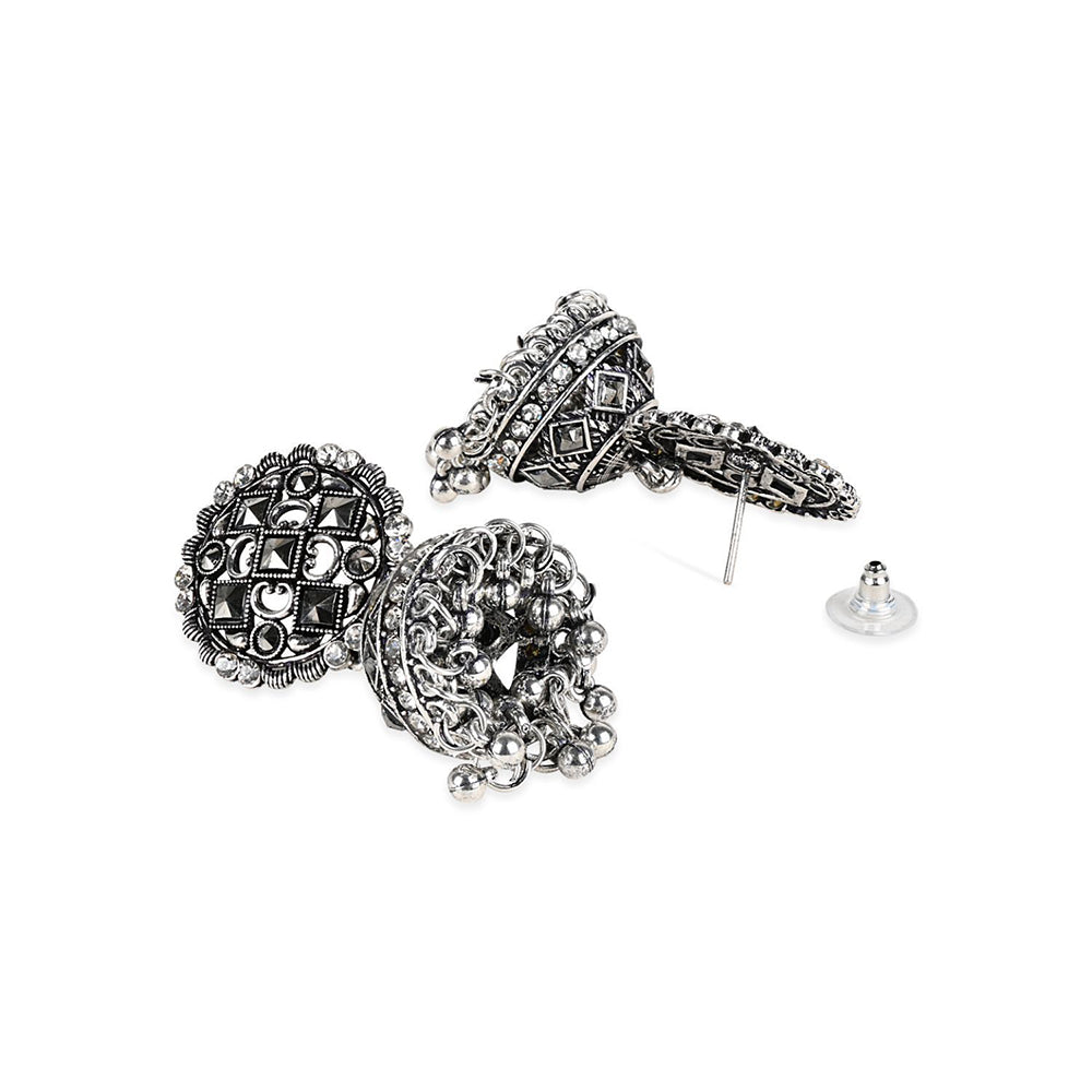 Etnico Silver Oxidised Traditional Kundan & Stone Studded Jhumka Earrings For Women (E3064OX)
