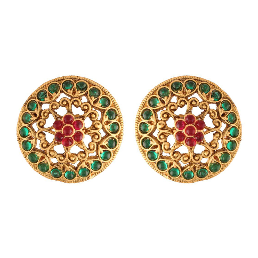 Etnico 18k Gold Plated Round Ruby Green Stone Handcraft Stud Earring for Women (E519MG)
