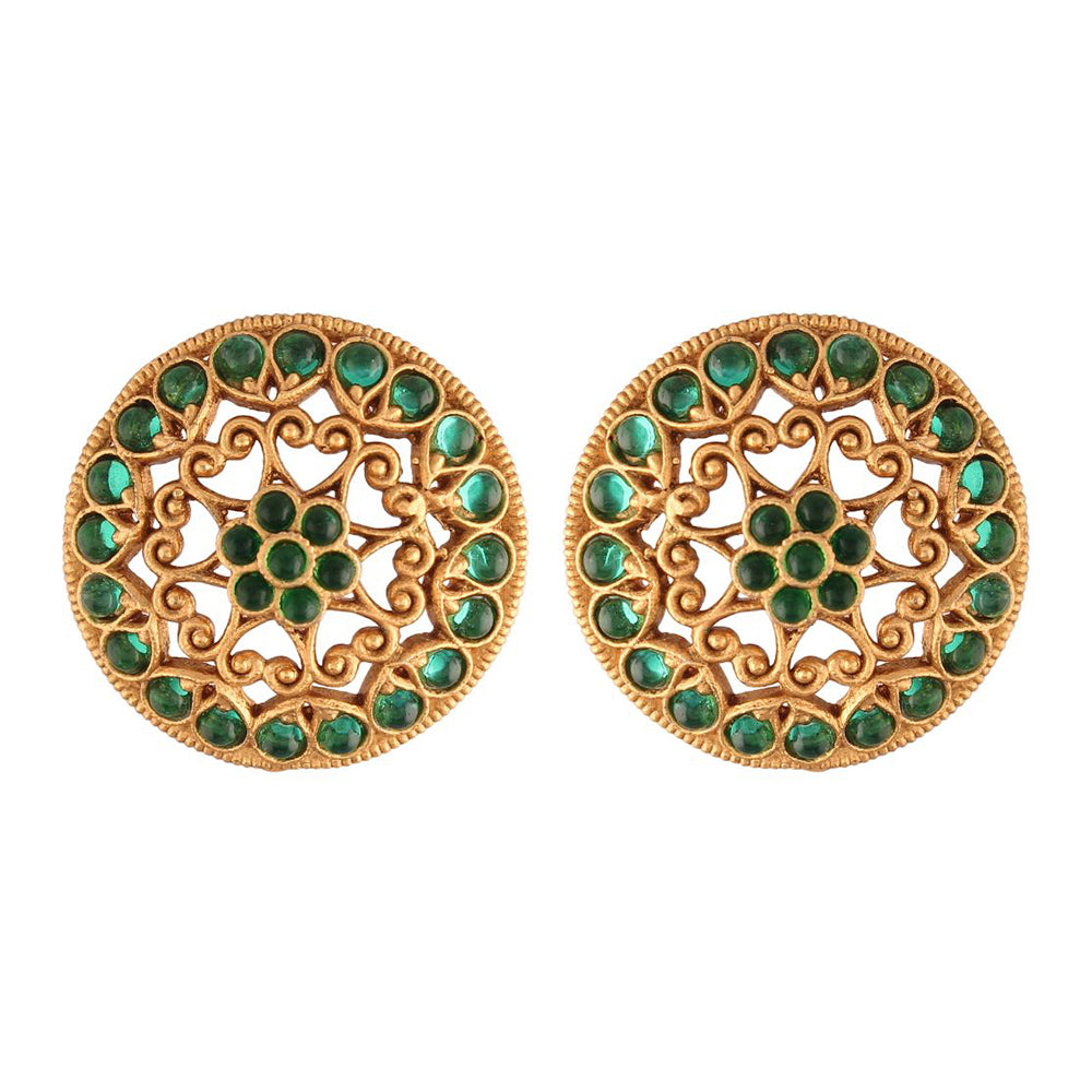 Etnico 18k Gold Plated Round Green Stone Handcraft Stud Earring for Women (E519)