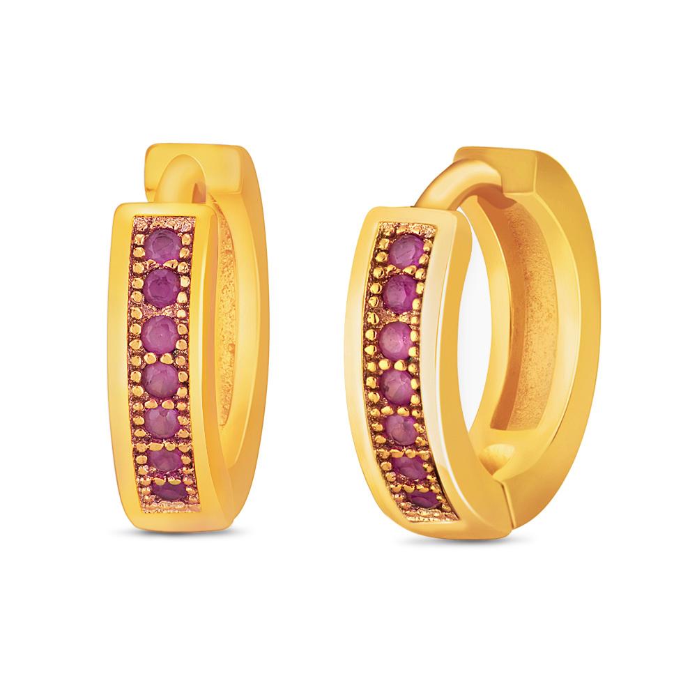 Mahi Gold plated Small Single line Red CZ stone Huggies Hoops Earrings