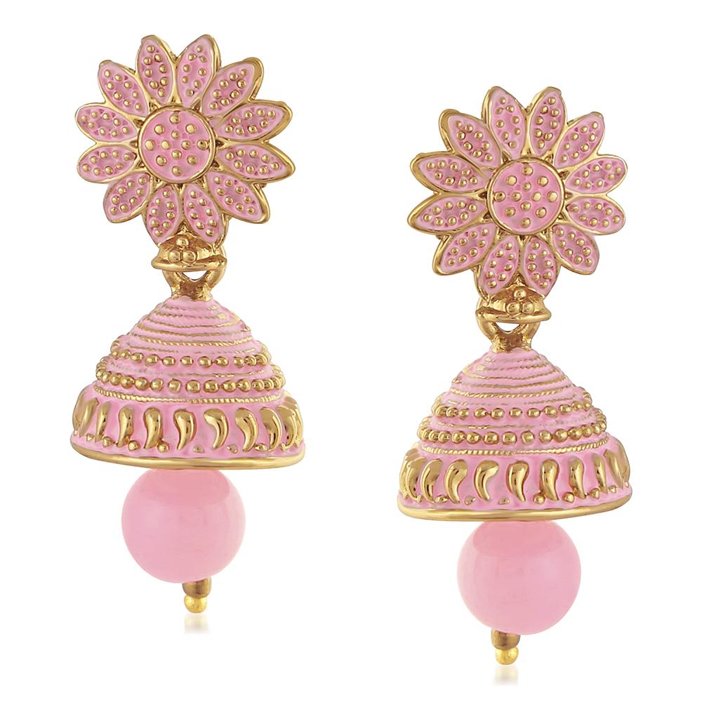 Mahi Meenakari Work Light Pink Artificial Bead Floral Jhumka Drop Earr