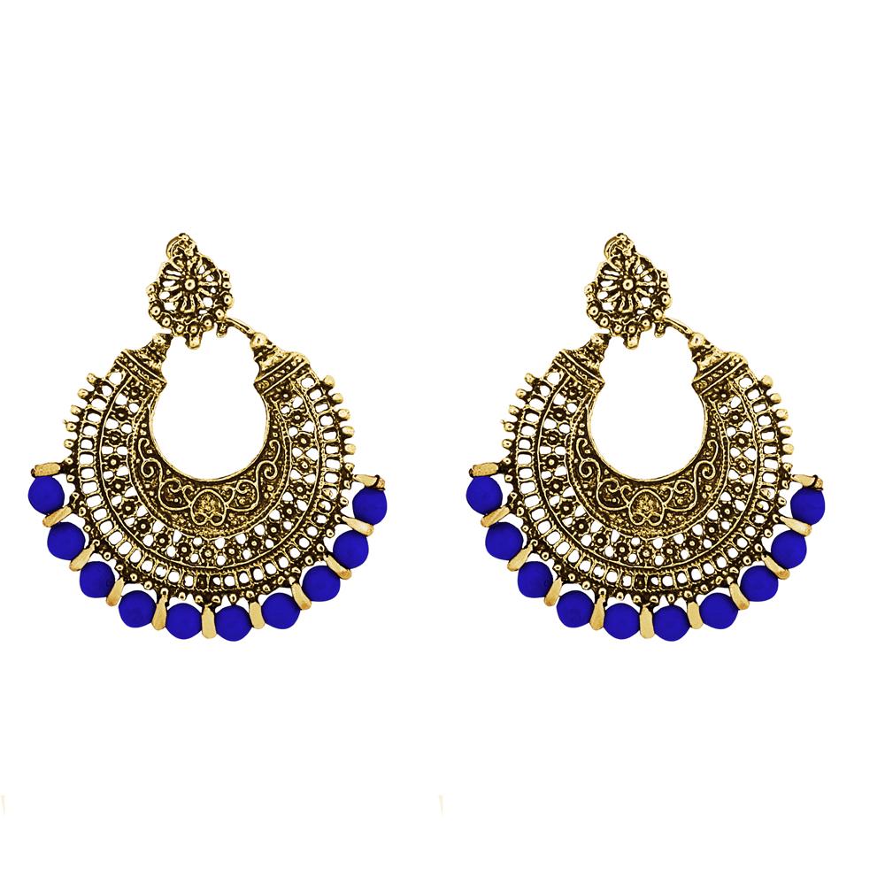 Tip Top Fashions Blue Beads Antique Gold Plated Afghani Earrings - 1311022T