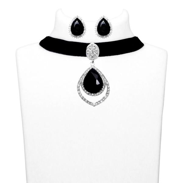 Jeweljunk Black Stone Silver Plated Choker Necklace Set - 1108703C