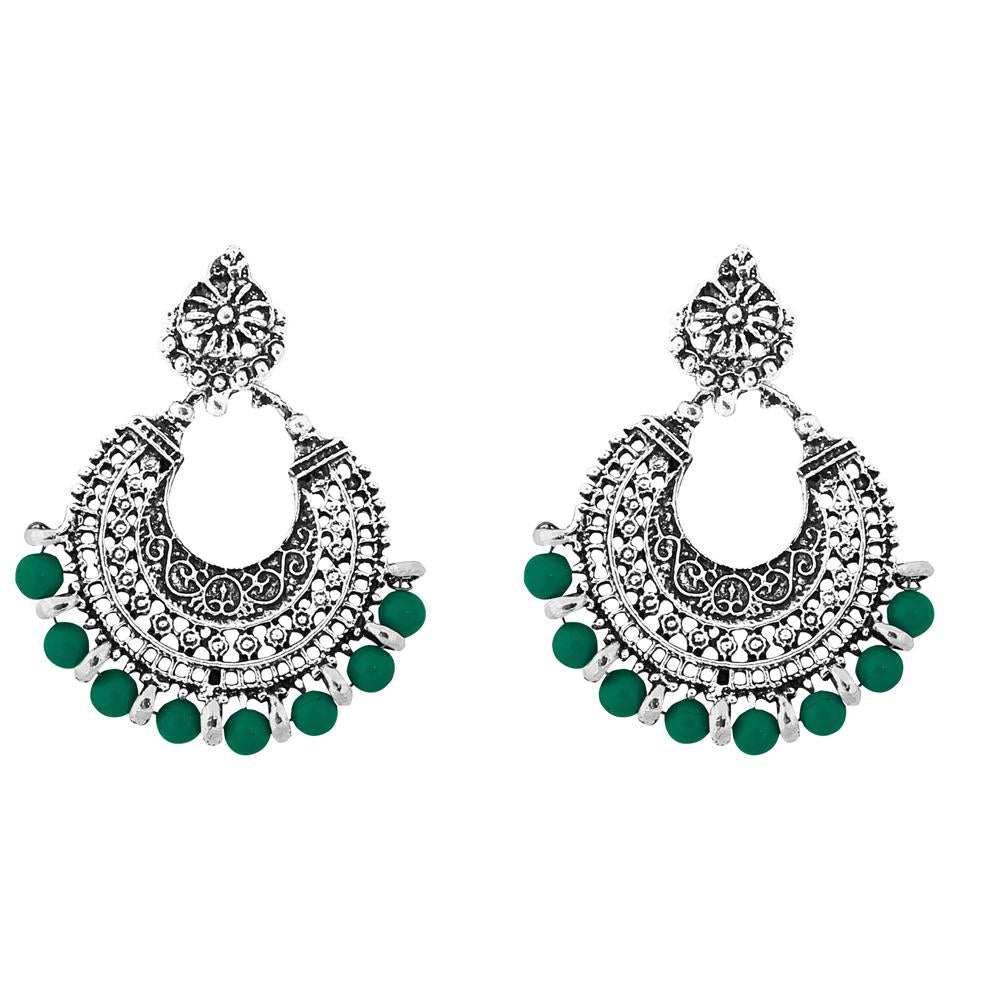 Jeweljunk Rhodium Plated Green Beads Afghani Earrings - 1311025N