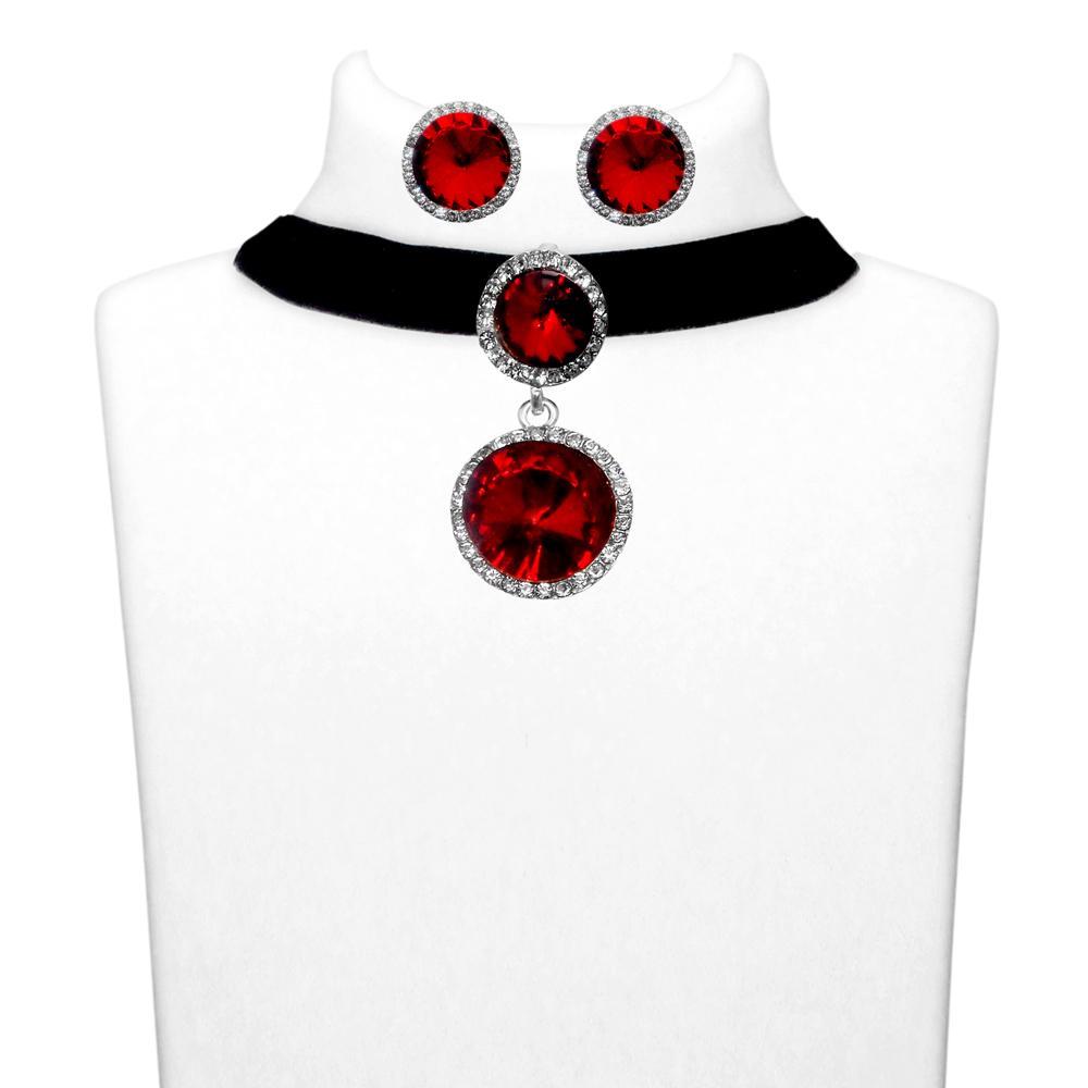 Jeweljunk Maroon Stone Silver Plated Choker Necklace Set - 1108705B