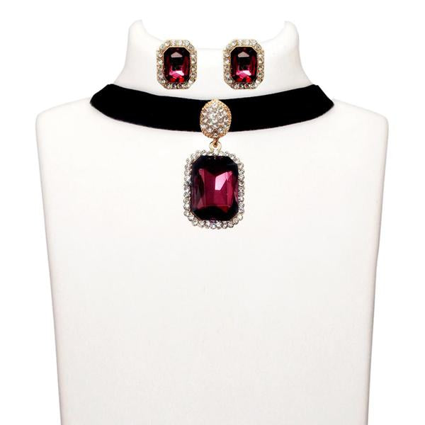 Jeweljunk Purple Stone Gold Plated Choker Necklace Set - 1108714A
