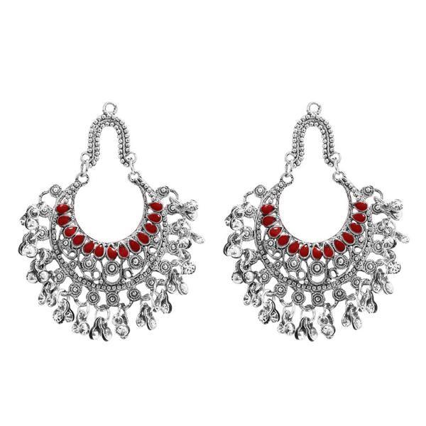 Jeweljunk Red Pota Stone Rhodium Plated Afghani Earrings - 1311028A