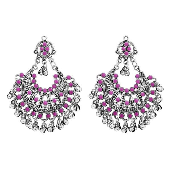 Jeweljunk Purple Pota Stone Rhodium Plated Afghani Earrings - 1311030G
