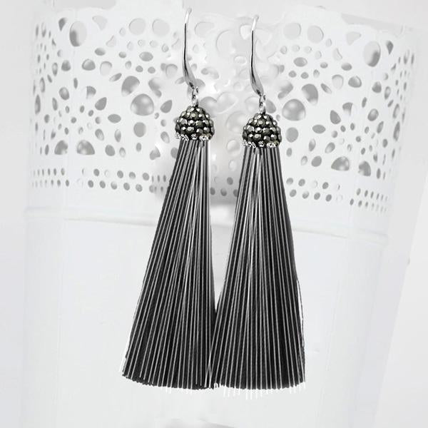Jeweljunk Rhodium Plated Stone & Black Thread Earrings - 1310932G