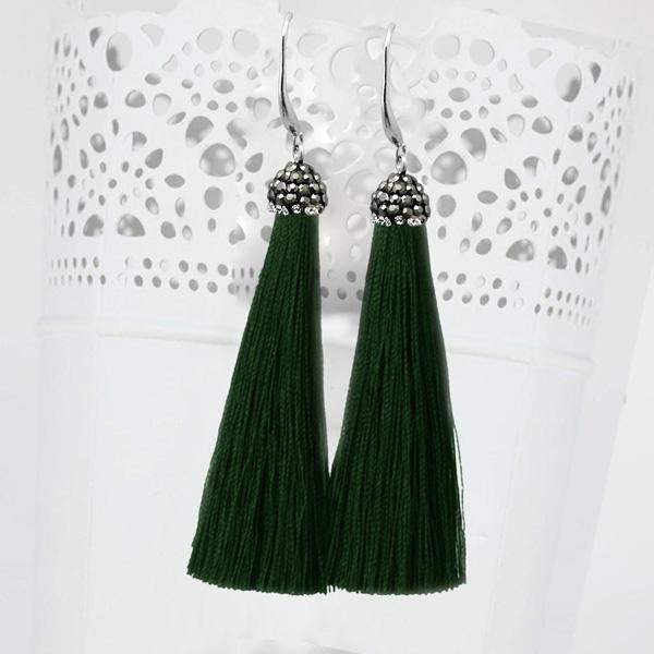 Jeweljunk Rhodium Plated Stone & Green Thread Tassel Earring - 1310932P