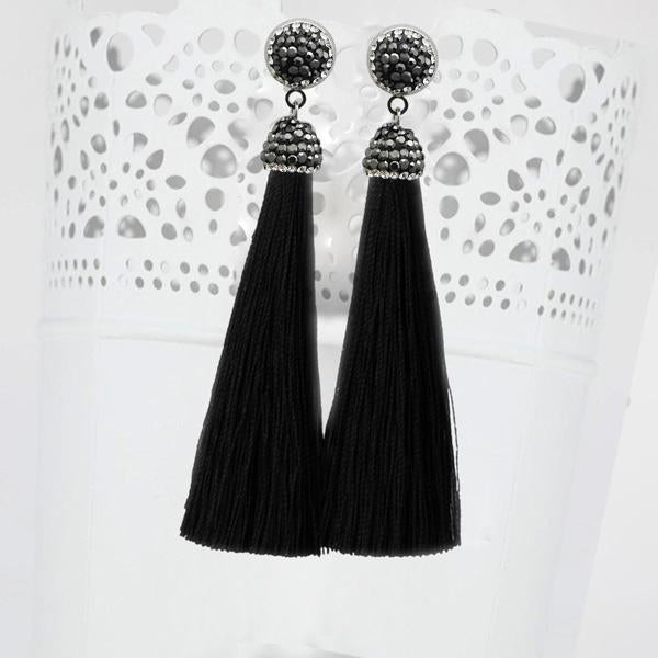 Jeweljunk Rhodium Plated Stone & Black Thread Tassel Earring - 1310933D